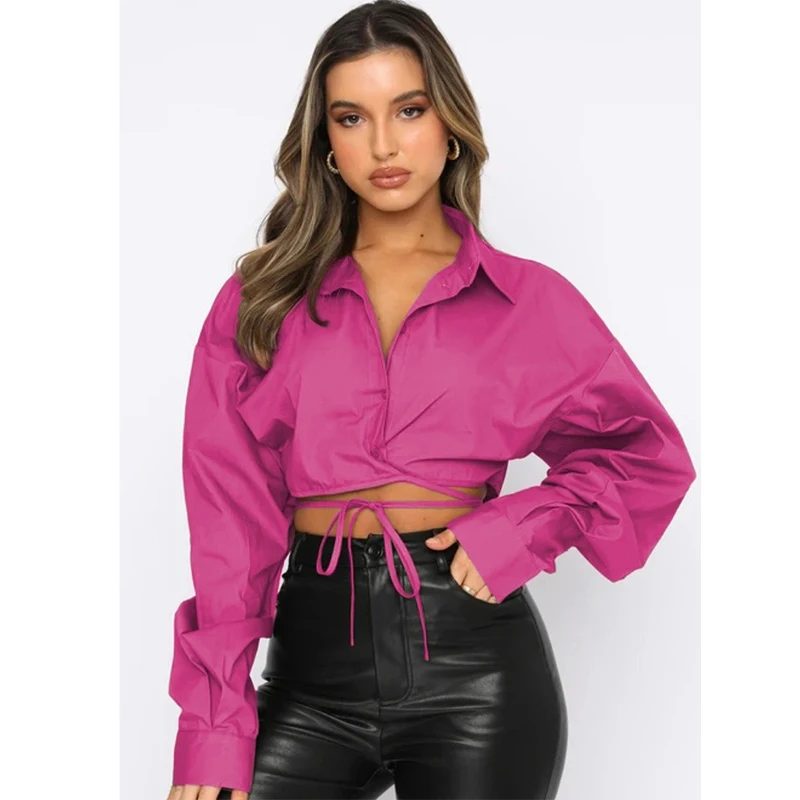 

Summer Long Sleeve Crop Top Loose Women's Shirts Single Breasted Women Fashion Blouses Casual Solid Bandage Short Blouse 21145