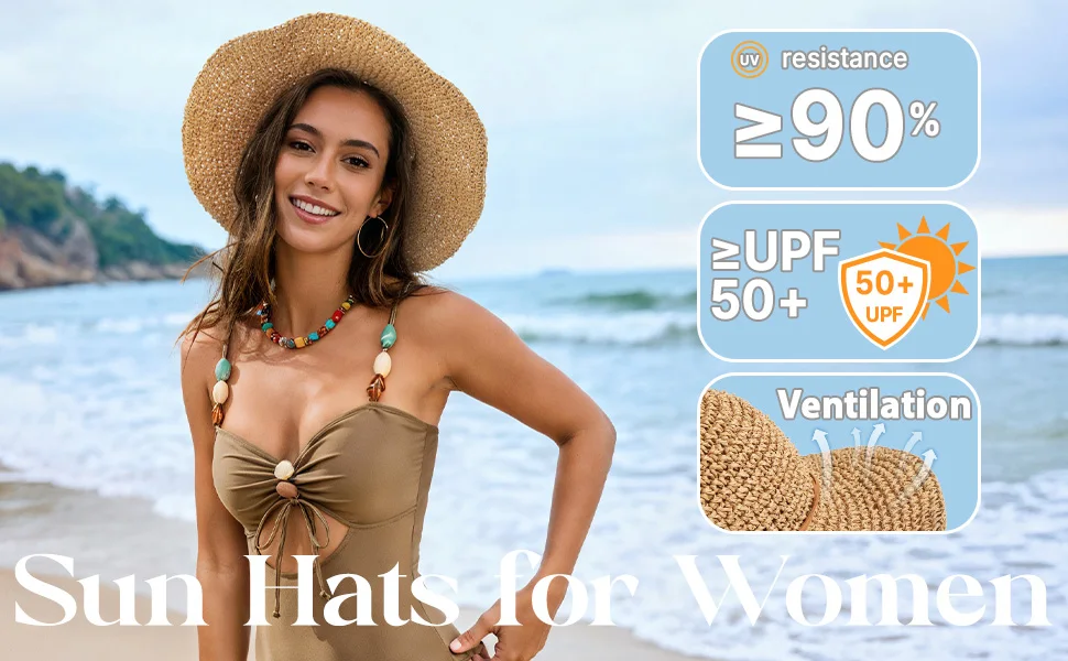 sun hats straw beach hats for women packable foldable UPF50+ sun protection wide brim adjustable