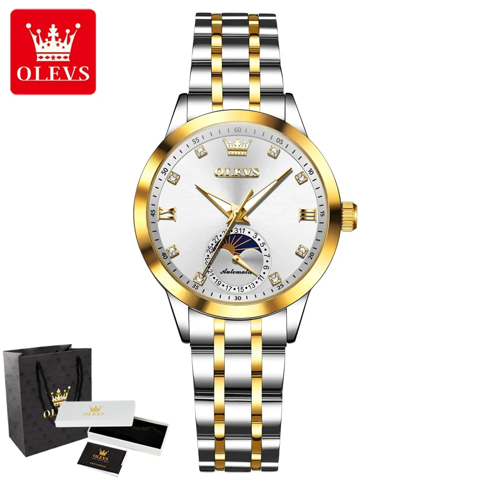 OLEVS 7041 relojes mecánicos originales para mujer, correa de acero inoxidable, escala de diamante, fase lunar, reloj automático para mujer con caja