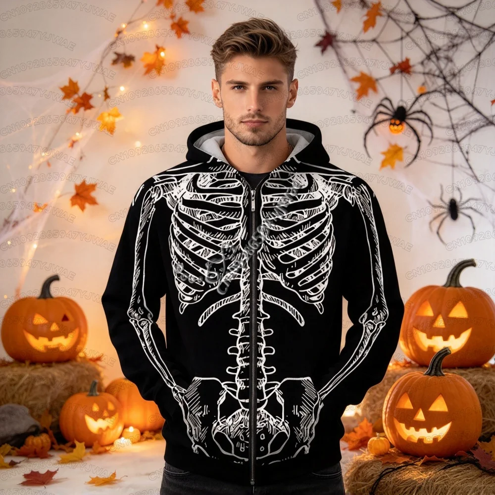 2026 Women Halloween Skeleton Ribcage Graphic hoodies Y2k Alt Goth Punk Distressed Skull Bone Print men Women hooded hoodies