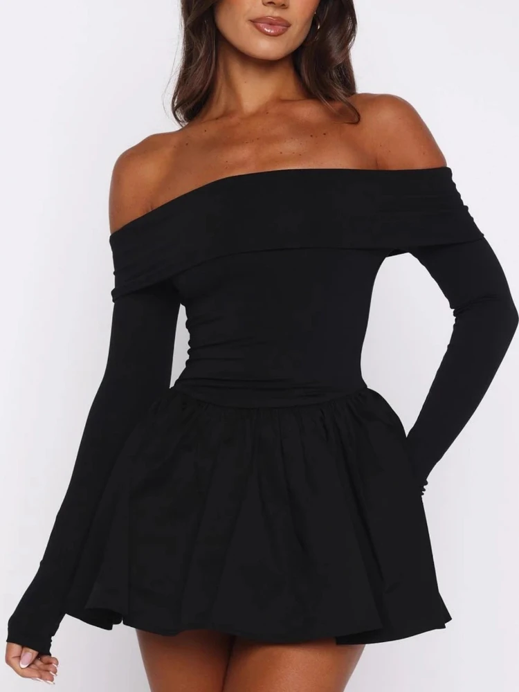 

Tossy Off-Shoulder Ruffled Mini Dress For Women Fashion Solid Sexy Slim Long Sleeves Slash Neck Bodycon Dress Female Mini Dress
