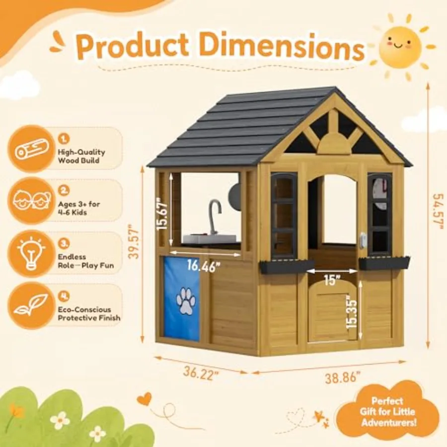 Backyard outdoor playhouse for kids 3-8: wooden cottage with play kitchen, doorbell, snack bar, pet door, blackboards, flowerpo