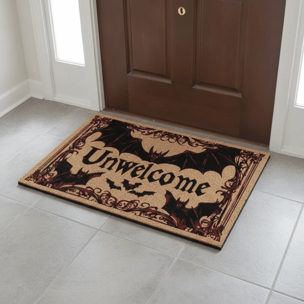 Gothic Style Halloween Unwelcome Floor Mat Crystal Velvet Bat Pattern Festival Entrance Rug Rectangular Non-slip Kitchen Rug