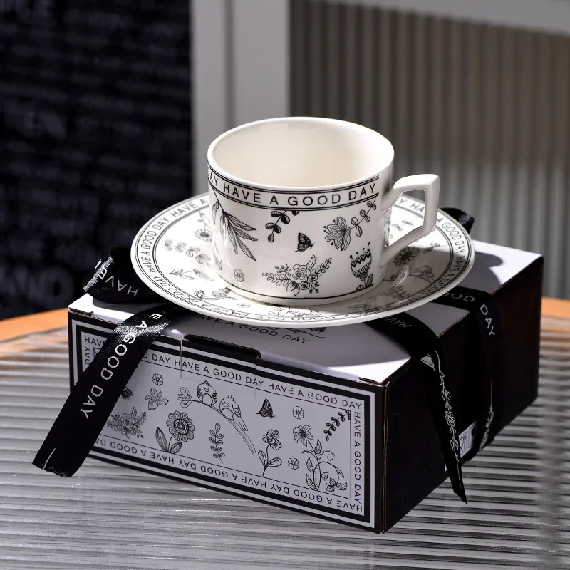 220ml French Tea Cups and Saucer Set Floral Ceramic Coffee Mug Espresso Cup Home Office Sunflower Coffee Mugs with Gift Box