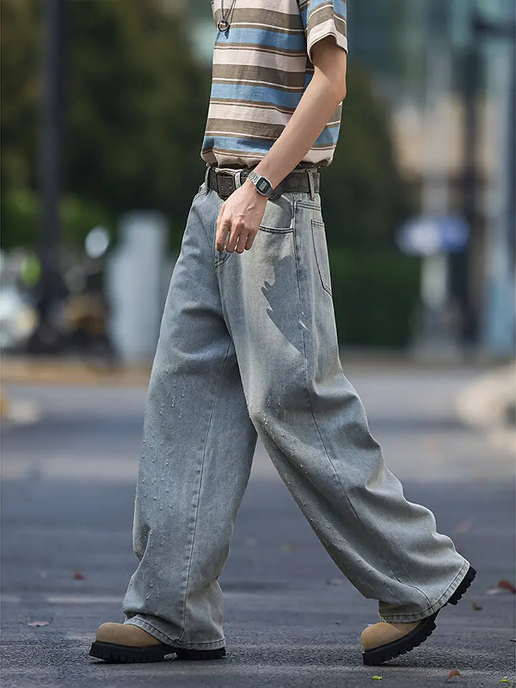 

Light Blue Rhinestone Waed Men's Jeans Casual Straight Leg Loose Fit Summer Jeans Youth Trendy Wear Resistant