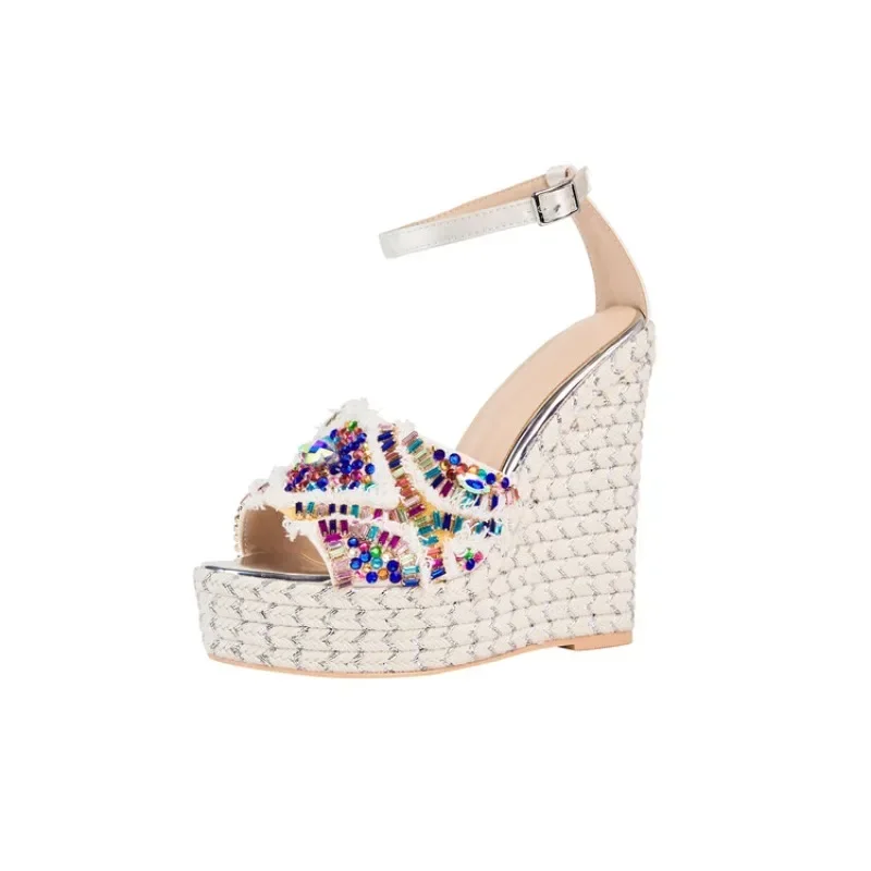 European And American Sexy Colored Rhinestone Wedge Heel Thick Sole One Line Buckle Sandals,Women's Woven Banquet Shoes