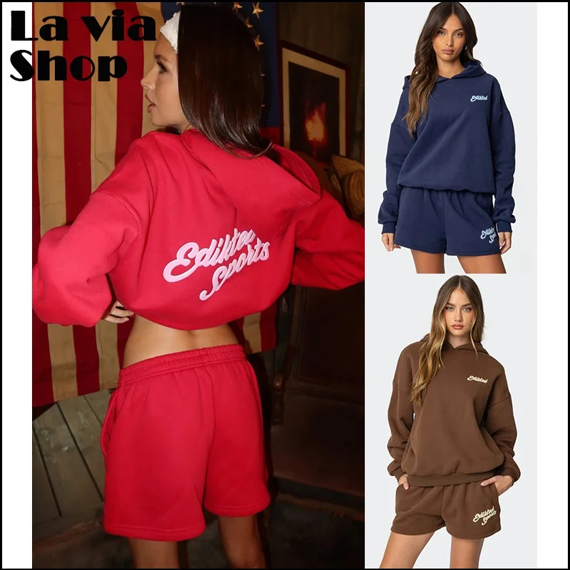 

La via Handpicked Edikted Letter Print Embroidery Hoodie Shorts Set Women's Fashion Spring Season All Gender Universal Fit