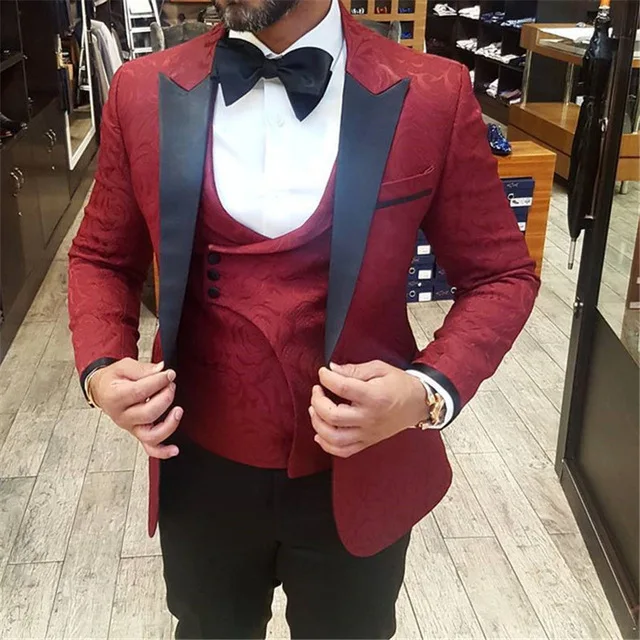 

Burgundy Mens Suits For Wedding 3 Pieces Costume Homme Blazer Vest Wedding Groom Tuxedos Groomsmen Business Prom Suits Slim Fit