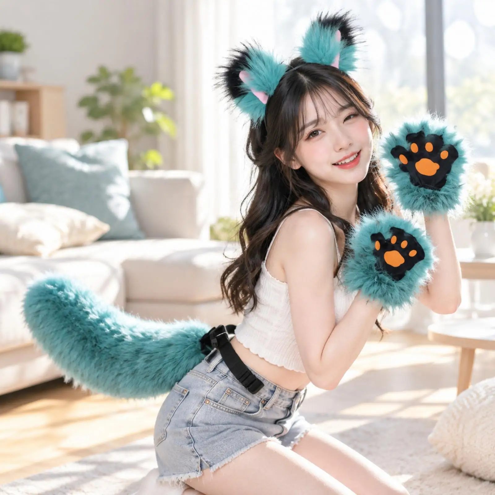 Cosplay Accessory Ensemble Lightweight Soft Faux Plush Animal Costume Accessory Set Furry Ears Headband Tail Paw Gloves Set