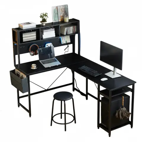 L Shaped Gaming Desk, Computer Desk with Storage Shelves Pegboard LED Strip & Power Outlet, Corner Desk for Bedroom Black