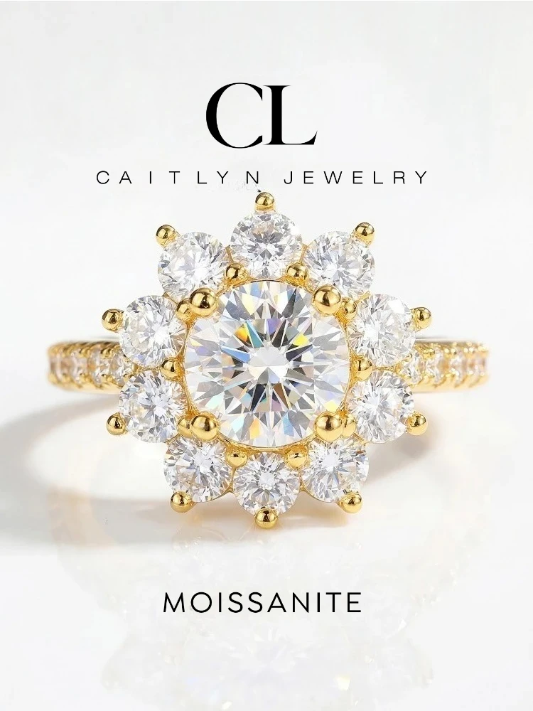 1CT runder Moissanit-Diamant-Sonnenblumenring, geeignet für Damen, echtes 925er Sterlingsilber, hochwertiger edler Schmuck – Detail 1