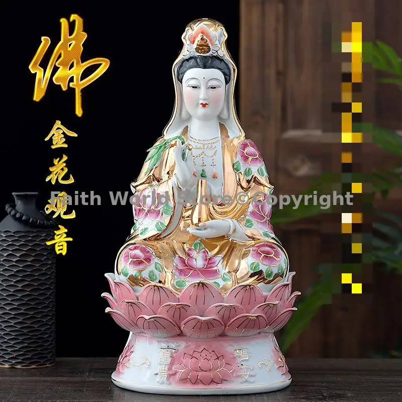 

Porcelain Golden Avalokitesvara Guanyin buddha high quality Southeast Asia Daoist Buddhist family HOME temple worship 35CM