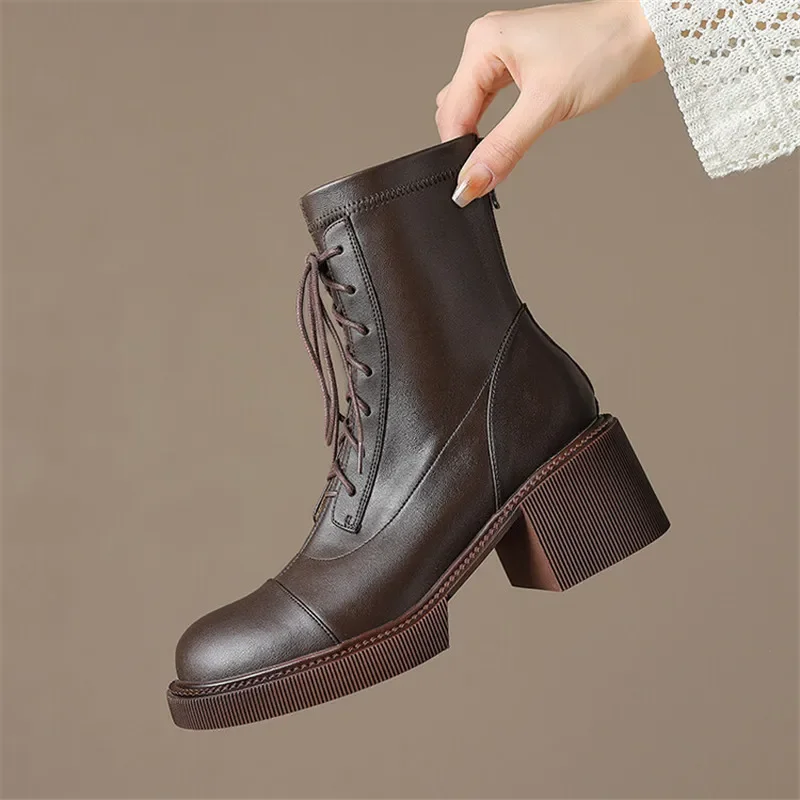 2023 Autumn Winter Split Leather Women Boots Round Toe Lace Up Short Boots for Women Chunky Heels Boots Zapatos Mujer High Heels