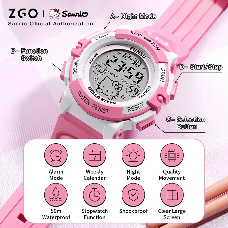 Original ZGO × HelloKitty Electronic Watch Kids\' Sports Watchs 50M Waterproof Weekly Calendar Display Chronograph Gift 3052