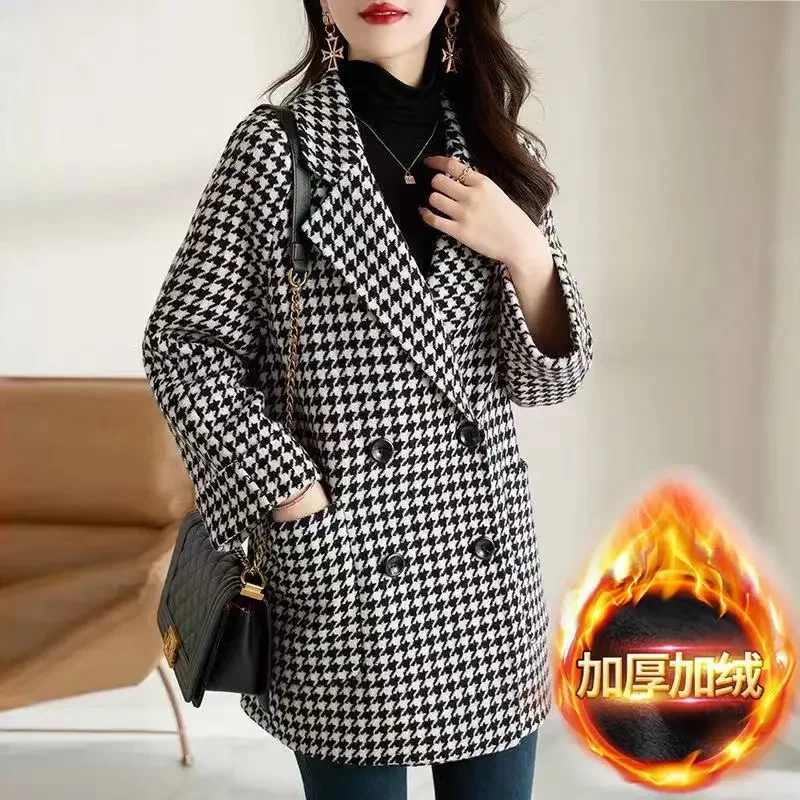 Woolen Coat Vintage Houndstooth Blazer Women Fall Fashion Korean Slim Plaid Suit Loose Luxury Design Double Breasted Jacket