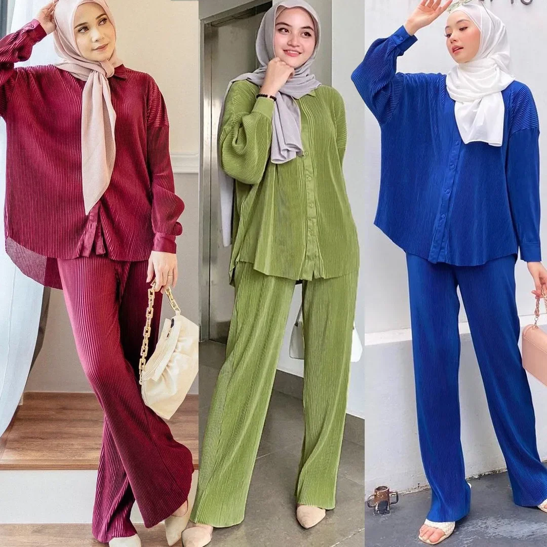 2 Piece Set Female Buttons Muslim Women Fashion Tops Long Pants Pleated Modest Shirt Trousers Abaya Dress Kaftan Outfits Clothes