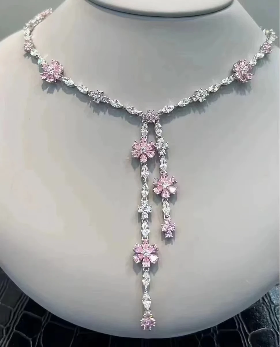

Luxury High Quality 925 Sterling Silver Pink Snowflake Zircon Gemstones Necklace For Women Party Wedding Engagement Fine Jewelry