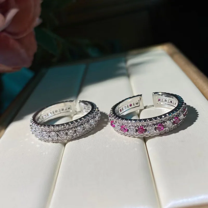 Dainty Stackable Open Ring Adjustable Fit Sparkling Crystal Pink Stone Accent Band Fashion Daily Casual Jewelry for Women