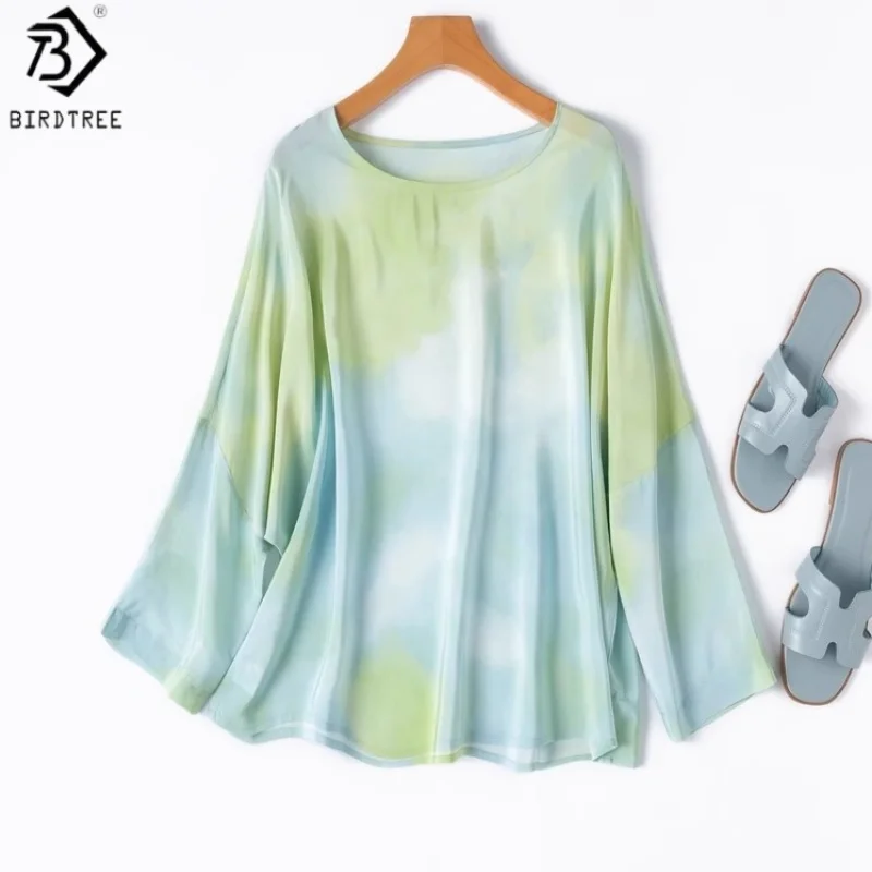 

Birdtree Летняя футболка из 100% шелка, женские свободные рубашки из двойного крепа с длинными рукавами и круглым вырезом с принтом, новинка 2025 года T56817JF