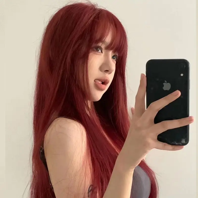 

Synthetic Long Straight Wig with Air Bangs Red Full Head Natural Fashion Cosplay Party Heat Resistant Hair for Women