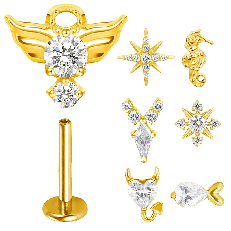 ASTM F136 Titan Ohr- und Lippenstecker PIERC Seepferdchen Vogel Fisch Ohrringe CZ-besetzter Labret Stud Tragus Ring Körperschmuck
