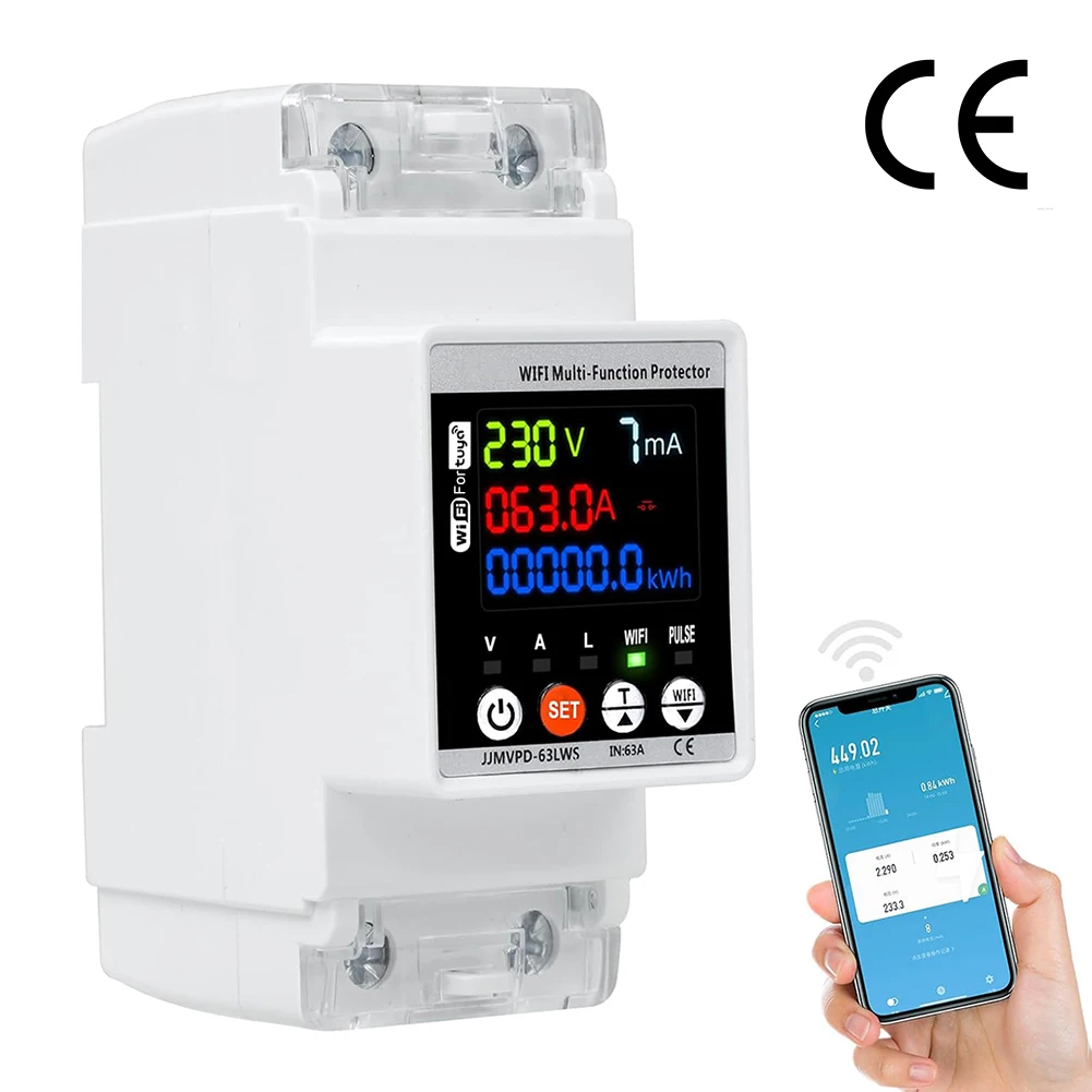 

63A Wi-Fi интеллектуальный автоматический выключатель от утечки пониженного напряжения, защита от перегрузки по току, измеритель мощности, автоматическая защита от напряжения