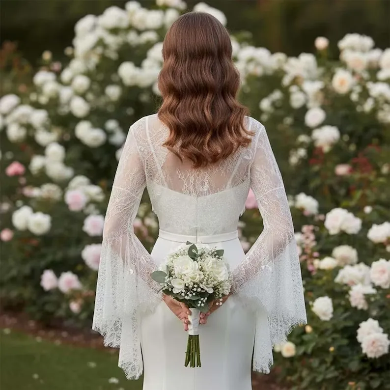 Customized Big Trumpet Full Sleeves Wedding Bolero Bride Jacket Formal Party Bridal Capes Women Shrug Accessory