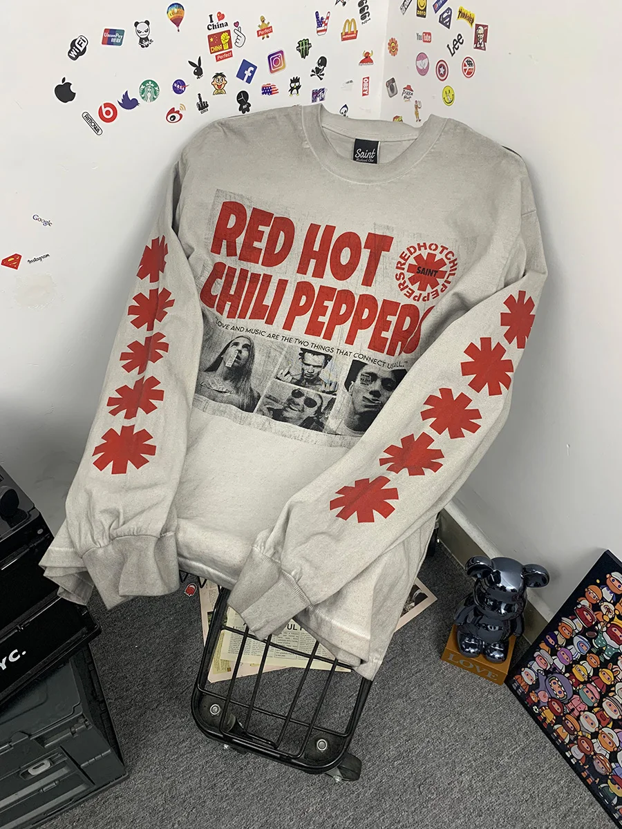 Saint Street Heavyweight RHCP Band Character Print Distressed Autumn Loose Long Sleeve T-Shirt Men's Breathable Cotton Casual...
