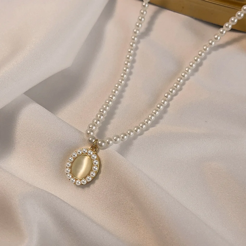 Handmade oval glass cat's eye pendant gentle temperament imitation pearl full string necklace collarbone chain