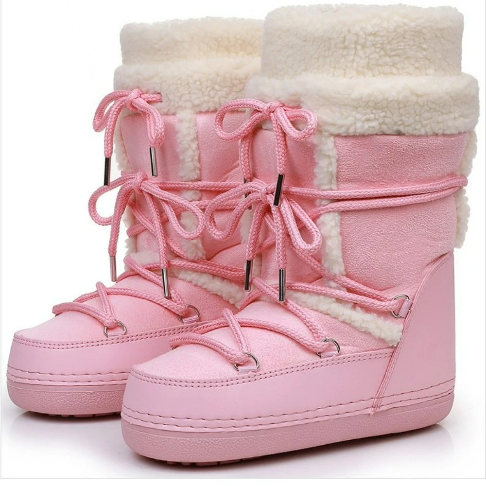 Women's Winter Boots Platform Women Snow Boots Cold-proof Warm Mid-calf Pink Space Boots Slip-resistant Cotton Woman Winter Shoe