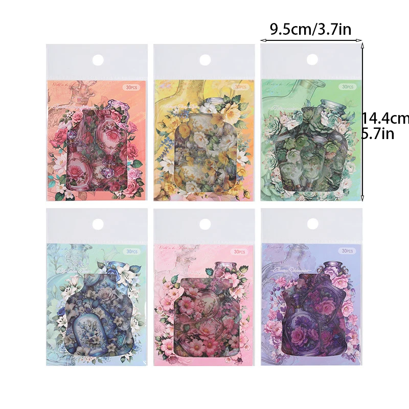 30pcs/pack Flowers Bottle Stickers Waterproof PET Collage Junk Journal DIY Scrapbooking Materials Aesthetics Stickers