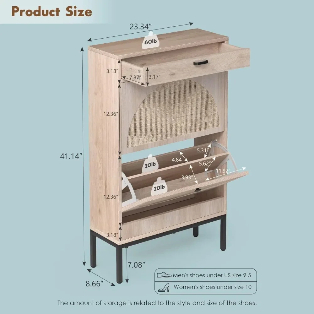 Armoire de rangement pour chaussures avec portes en rotin tissé demi-rond, armoire d'entrée mince, 2 portes à proximité rabattables, 1 petite armoire