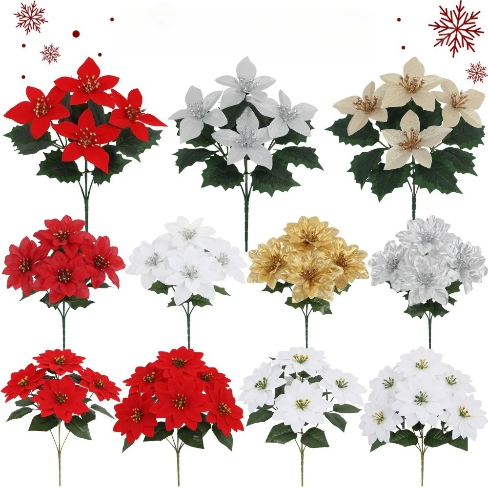 Christmas Artificial Poinsettia Bouquets, Shiny Fake Poinsettia Floral Picks for Xmas Party Wreath Table Decor