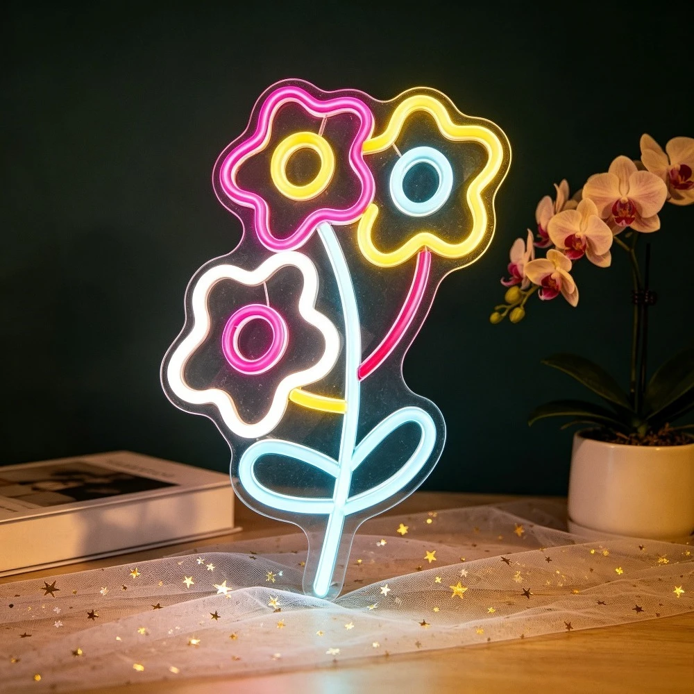 Flower Neon Sign LED Light for Girls USB Rechargeable Wall Art Sign Cute Floral Night Light Kids Room Dormitory Decoration