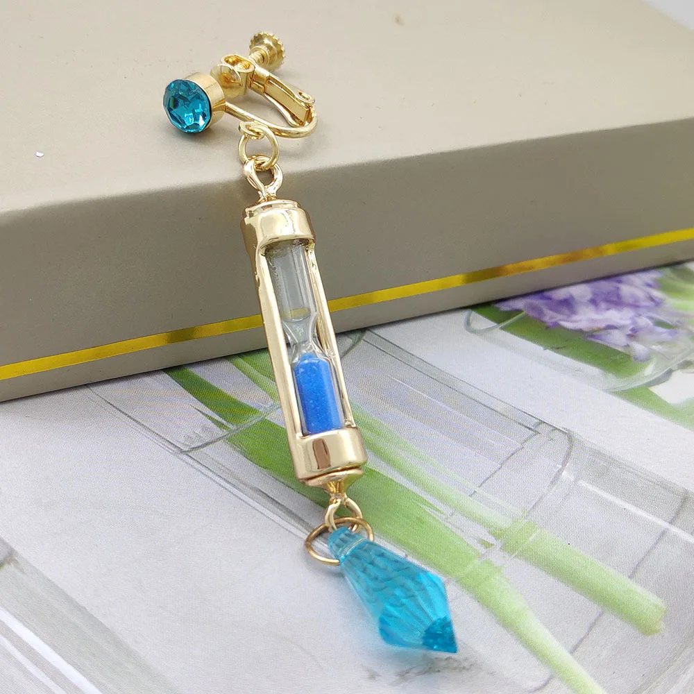 Hourglass Crystal Sand Flow Dangle Earrings No Piercing Metal Ear Clips Vintage Fantasy Anime Fashion Alloy Daily Wear Jewelry