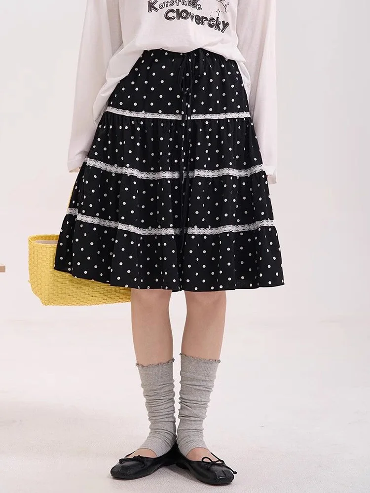 Vintage Dot Women Sweet Midi Skirts Spring Lace Patchwork Cute A Line Skirt Japan Retro Preppy Style High Waist Harajuku Skirt