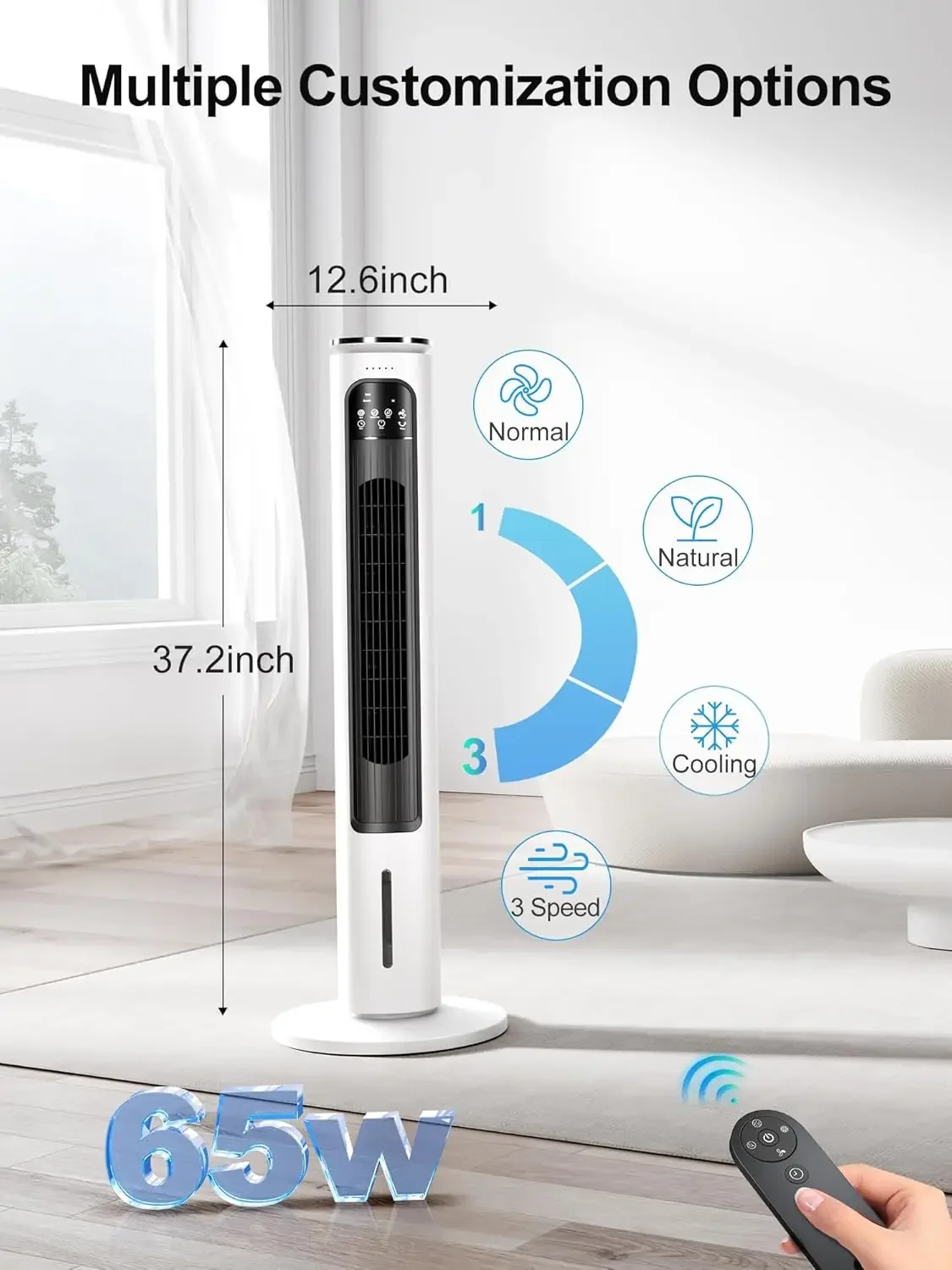 Air Cooler, 37” Portable Air Conditioners, Swamp Cooler,4 Modes, 12H Timer, 70° Oscillating, Removable Water Tank, Ice Packs, Re