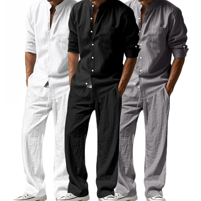 

Комплекты рубашек с длинными рукавами, мужские повседневные льняные комплекты из 2 предметов, легкая рубашка с длинными рукавами, свободные брюки на шнурке, повседневный комплект уличной одежды