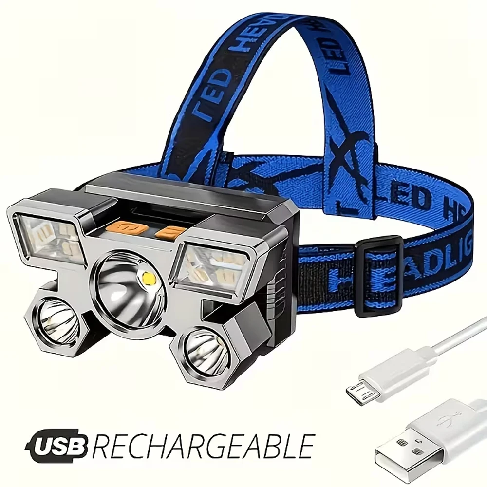 5 LED Powerful Headlamp USB Rechargeable Headlight with Built-in Battery Headlamp Outdoor Portable Camping Fishing Search Light