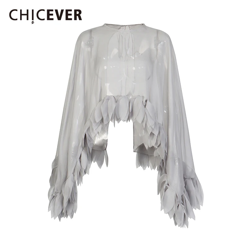 

Модные свободные блузки CHICEVER с прозрачными вставками и бахромой для женщин, с круглым вырезом, длинными рукавами, открытой спиной, в стиле пэчворк, на шнуровке