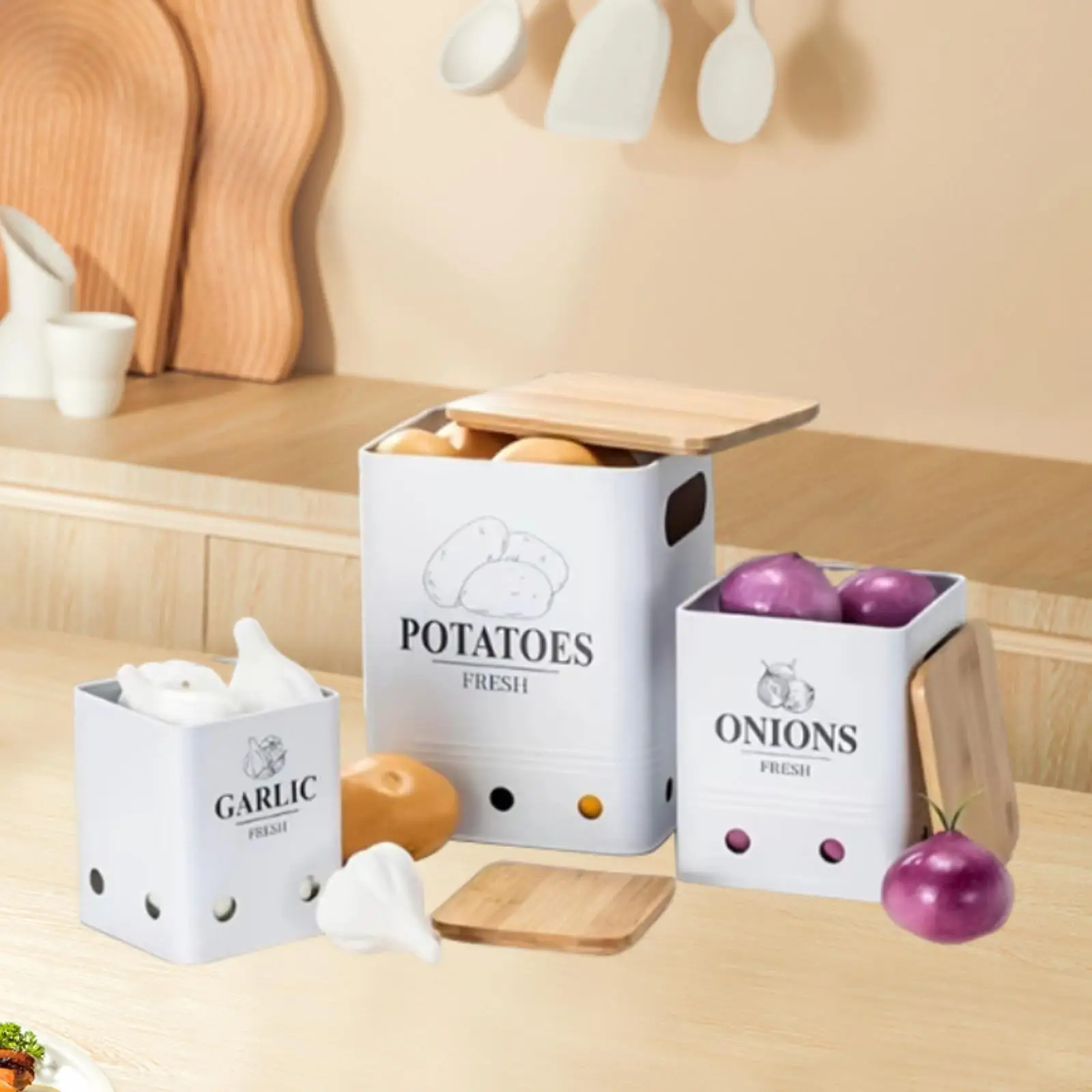 

3Pcs Kitchen Canister Garlic Potato Onion Keeper Multipurpose with Bamboo Lid Food Containers with Aerating Holes for Countertop