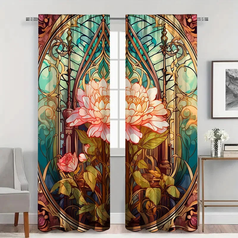 2pcs Stained Glass Floral Curtains , Pink Blossom Green Leaf Sheer Light Filtering, Artistic Focal Point for Cozy Living Room