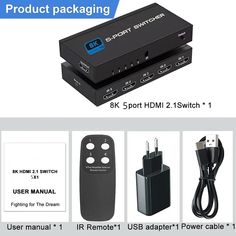 HDMI 2.1 Switcher 8K 60Hz 4K120Hz HDMI-compatible Switch 5 in 1 Out with Remote Control Converter For Xbox PS5 Monitors