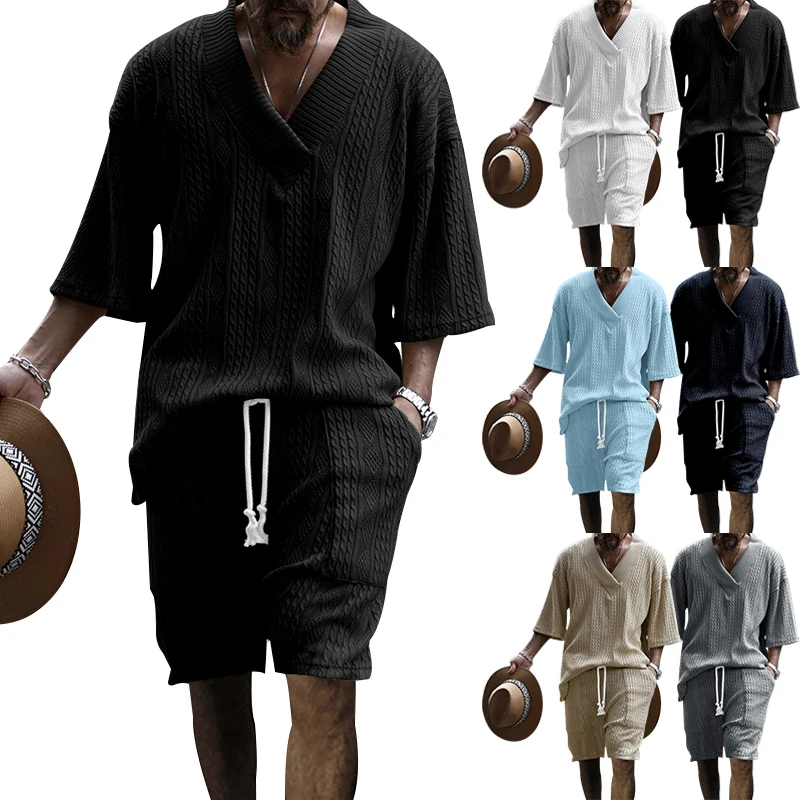 2024 Summer New Men's High Street Casual Loose Jacquard Sportswear V-Neck Short Sleeve Shorts Męski garnitur modowy