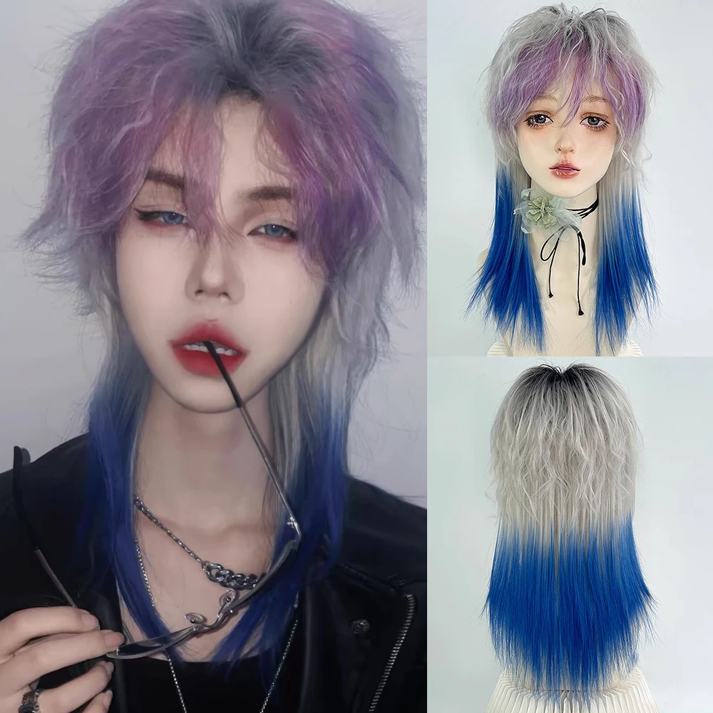 Short Ombre Grey Purple Blue Mullet Head Wig with Bangs Synthetic Wavy Fluffy Women Hair Wig for Daily Party Cosplay