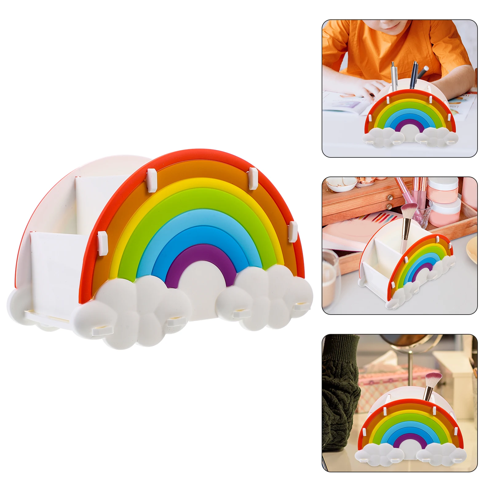 

Rainbow Makeup Storage Box Desk ganizer Desk ganizers Storage 3 Compartments Closed Silicone Pencil Holder Pen Dispenser