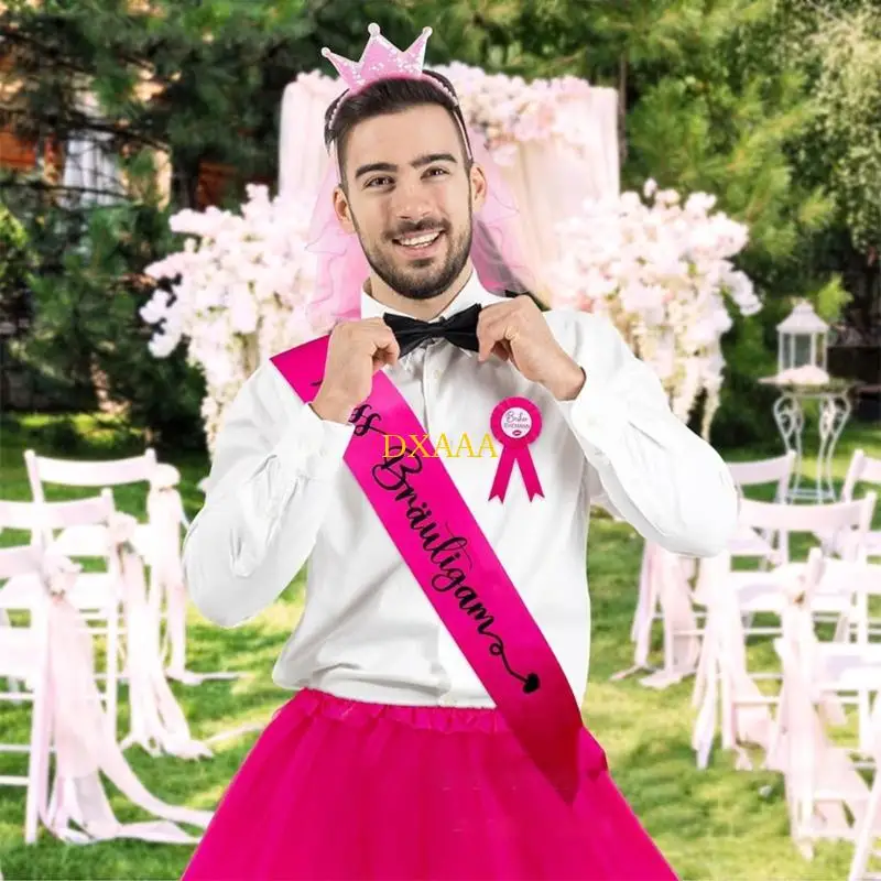 DXAA 4 ชิ้น Bachelor Party เครื่องแต่งกายอุปกรณ์เสริมสำหรับชายสีชมพู Tutu กระโปรง Veils แถบคาดศีรษะ Sash Badge Stag Party