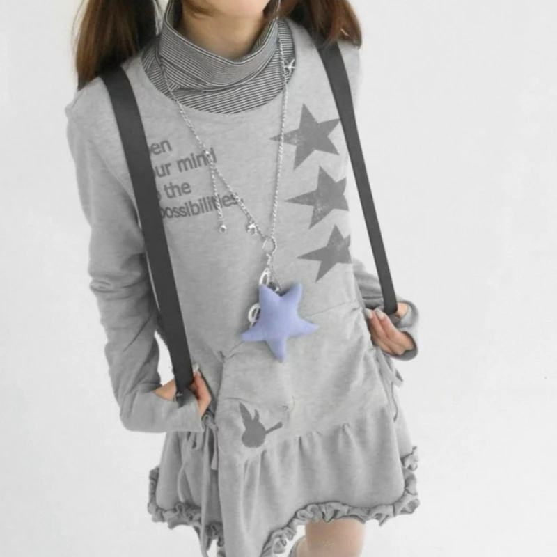 Japanese Y2k Aesthetics Party Mini Dress Women Vintage Sweet Star Print Long Sleeves Drawstring Dresses Korean Fashion Dresses