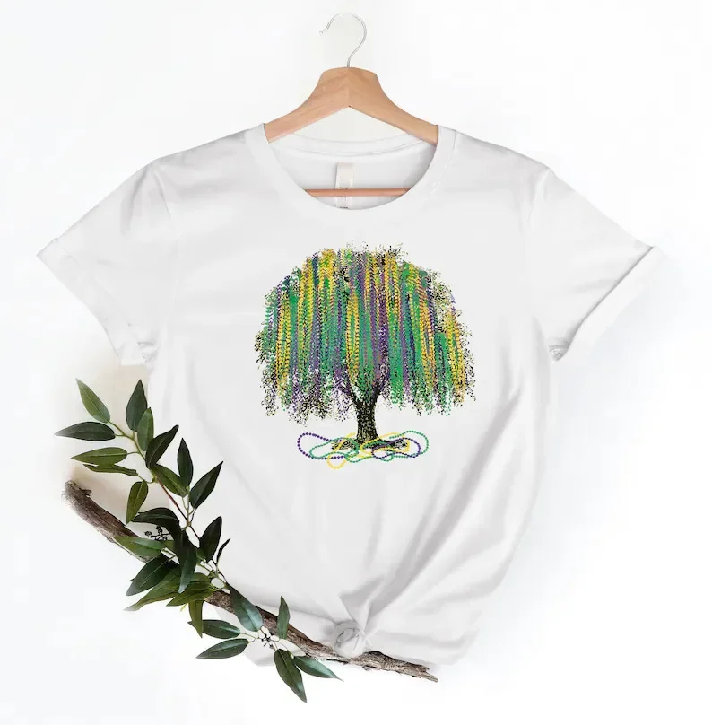 Mardi Gras Tree Shirt Colorful Mardi Gras Bead Tree Shirts Funny Carnival T-Shirt 100% Cotton O NeckShort-Sleeve Unisex Top Tees