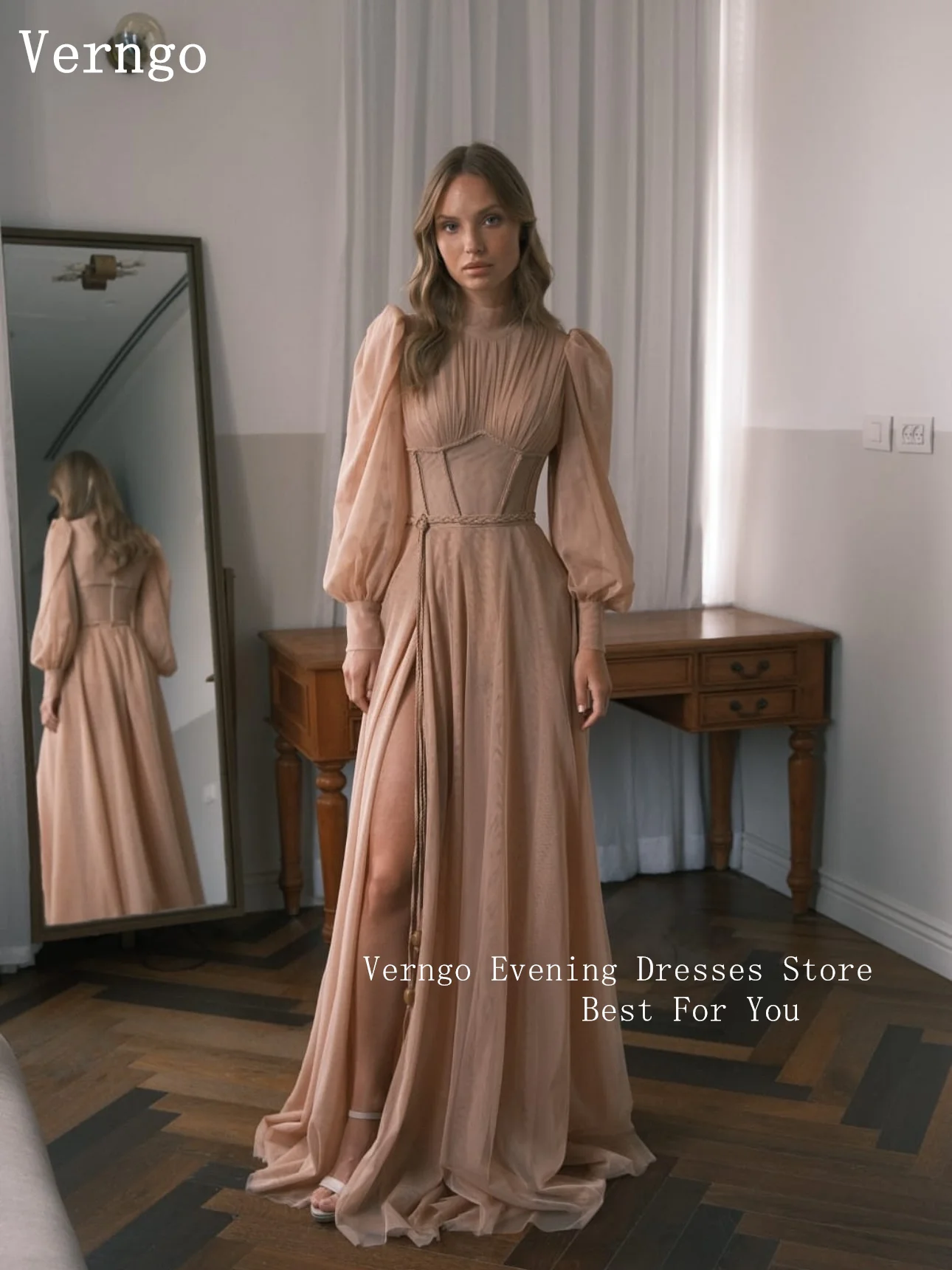 Verngo Pink Chiffon Evening Dress O Neck Full Sleeves A Line Pleated Formal Occasion Dresses Women Modest Prom Gowns Customized